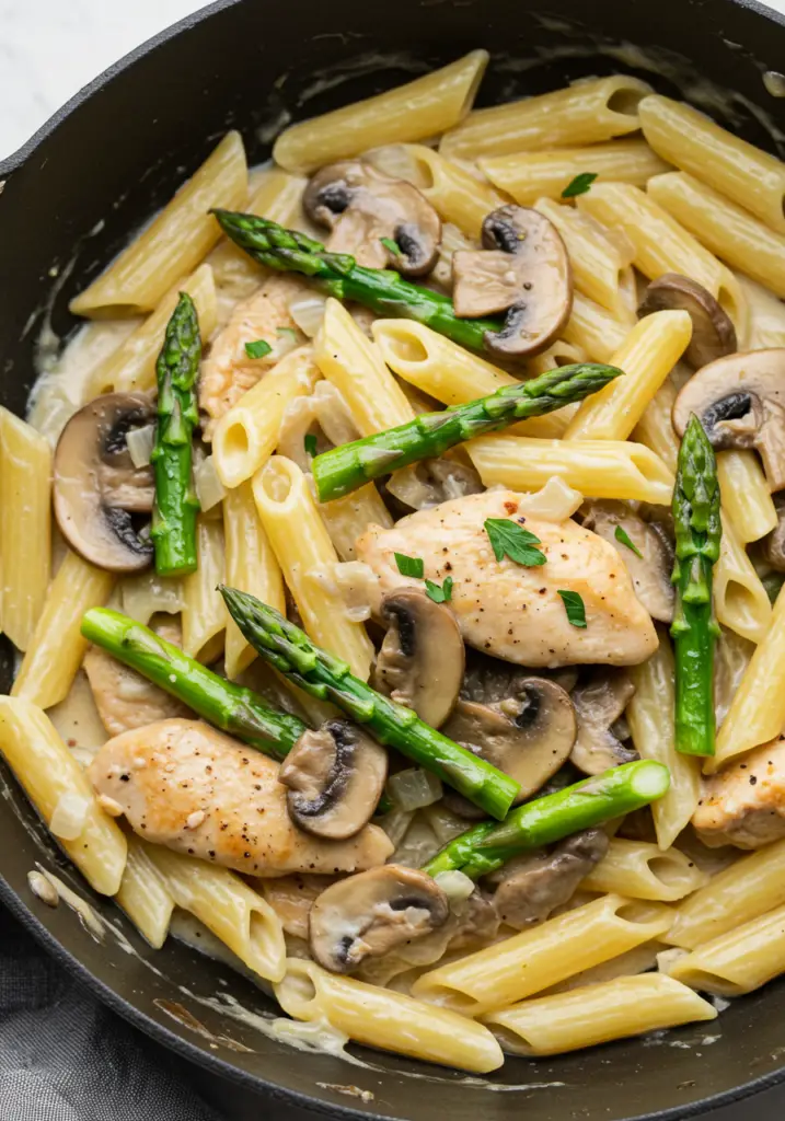 Creamy Mushroom and Asparagus Chicken Pasta