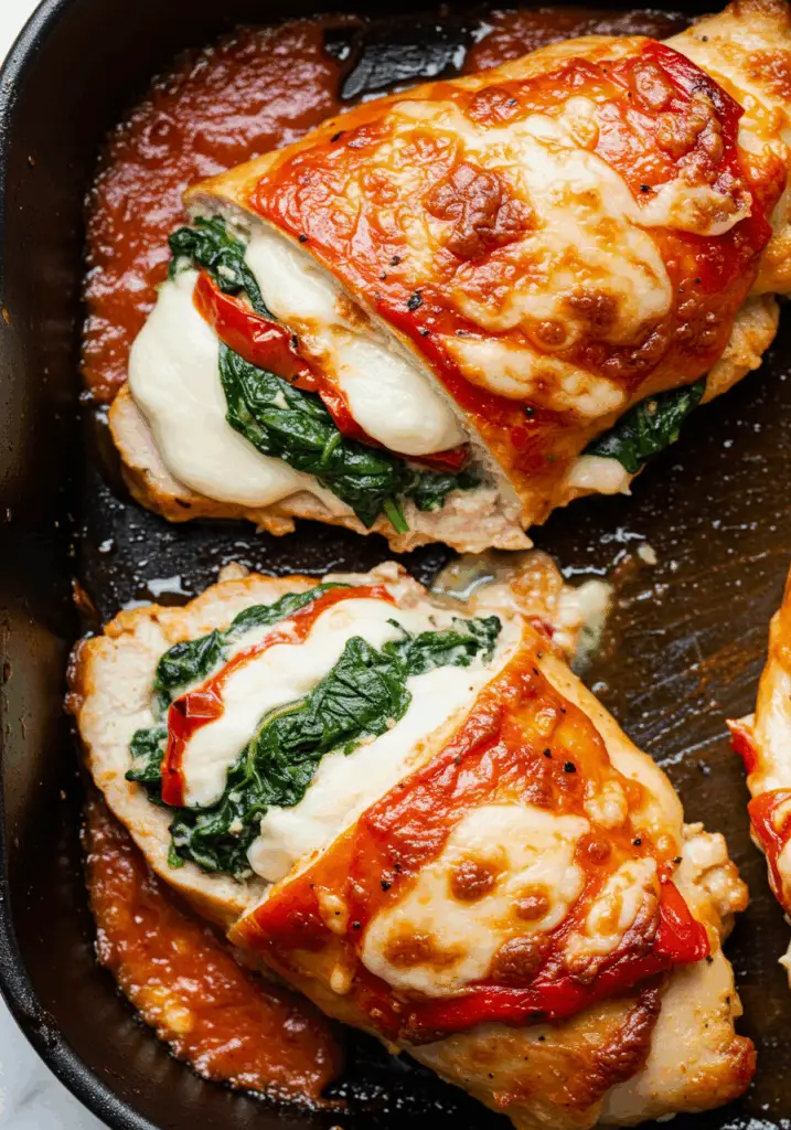 Roasted Red Pepper Spinach and Mozzarella Stuffed Chicken
