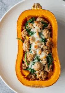 Turkey Sausage-Stuffed Butternut Squash with Spinach