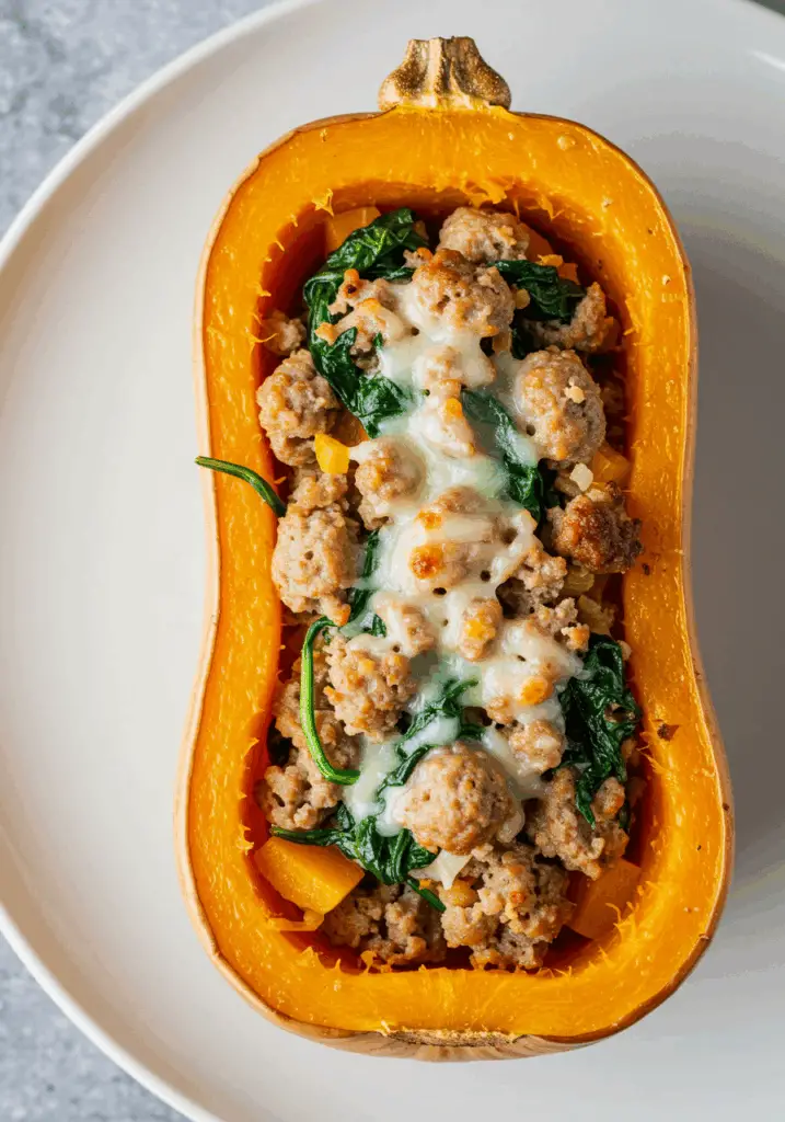 Turkey Sausage-Stuffed Butternut Squash with Spinach