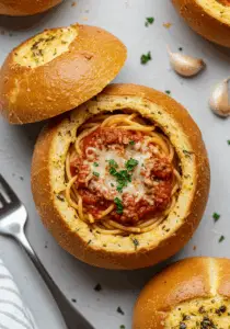 Spaghetti Garlic Bread Bowls