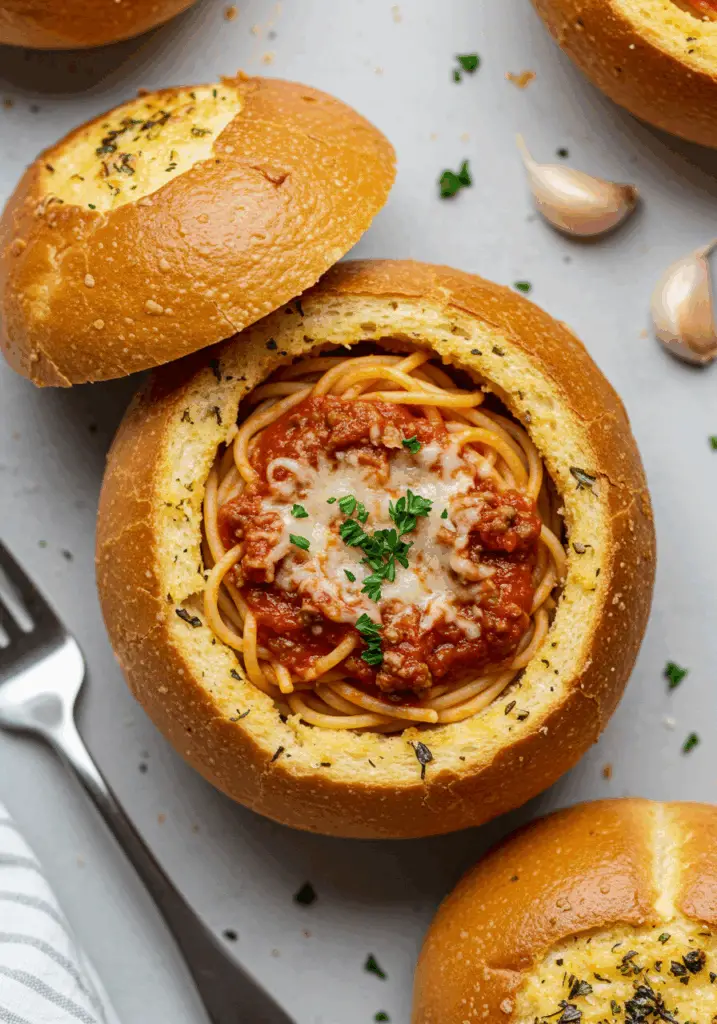 Spaghetti Garlic Bread Bowls
