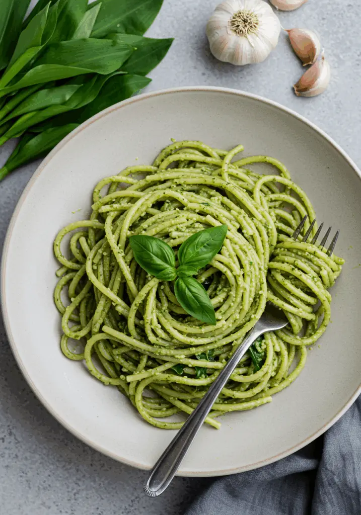 Vegan wild garlic pesto pasta
