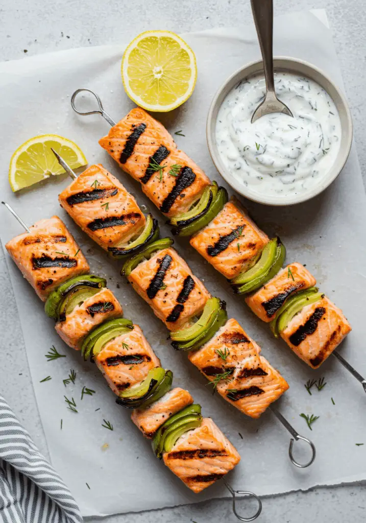 Grilled Salmon Skewers with Creamy Dill Yogurt Sauce