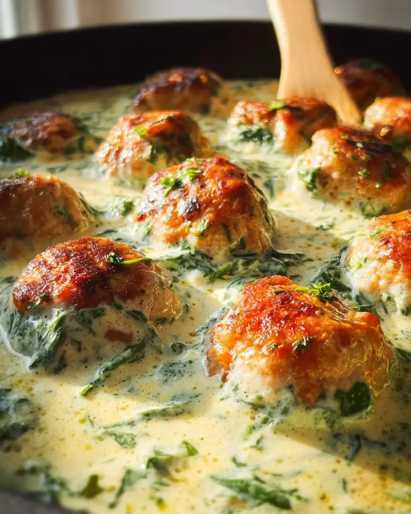Chicken Ricotta Meatballs with Spinach Alfredo Sauce