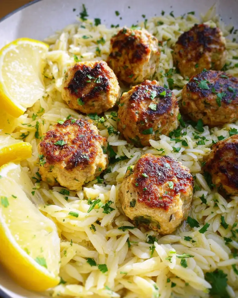 Easy Greek Chicken Meatballs with Lemon Orzo