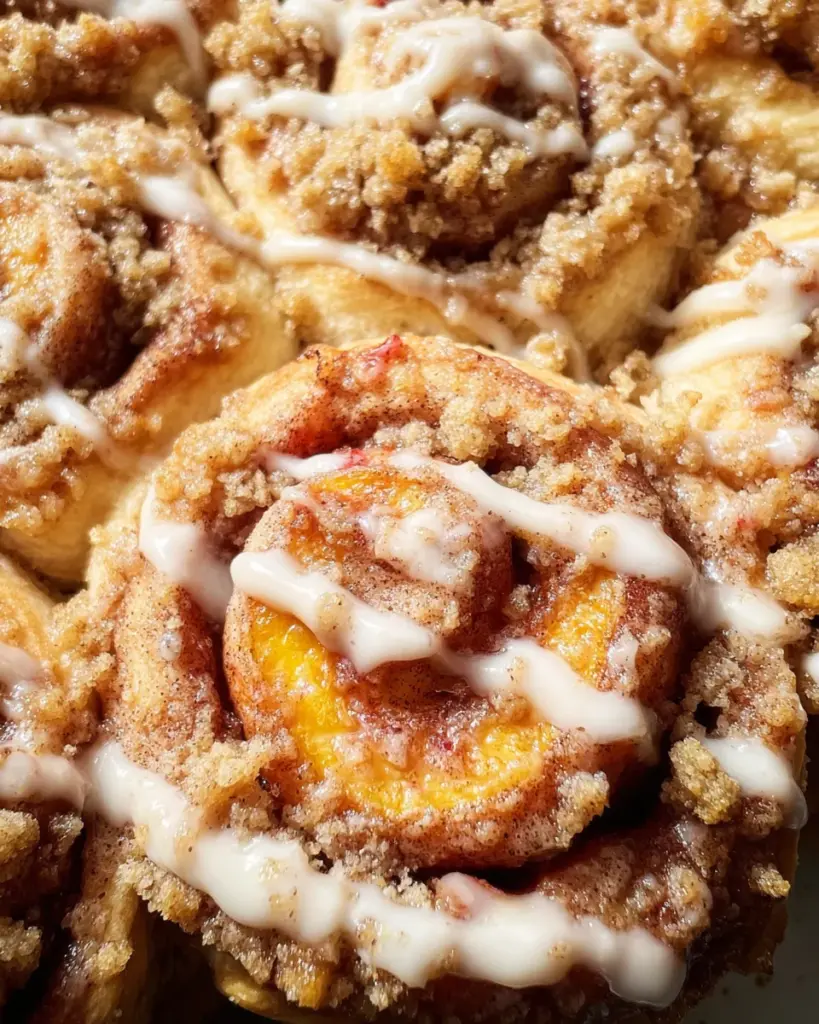 Peach Cobbler Cinnamon Rolls with Crumb Topping