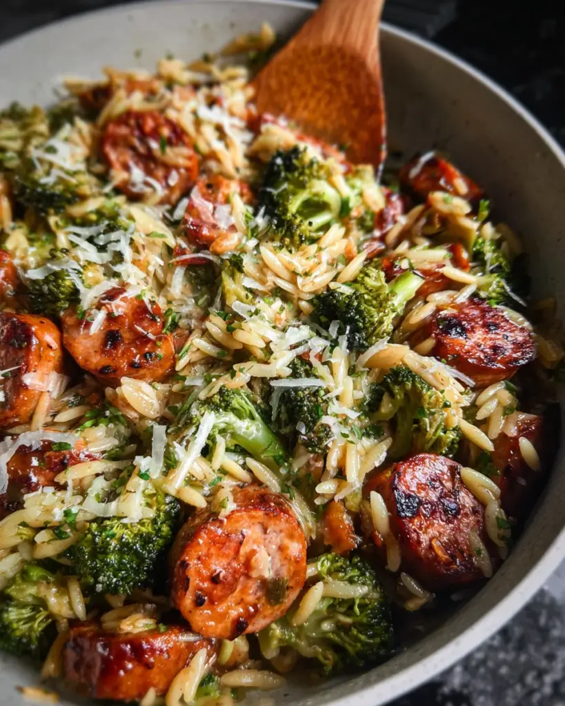 Chicken Sausage, Broccoli, Orzo Skillet