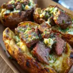 Grilled Steak Bite Loaded Baked Potatoes with Garlic Herb Butter