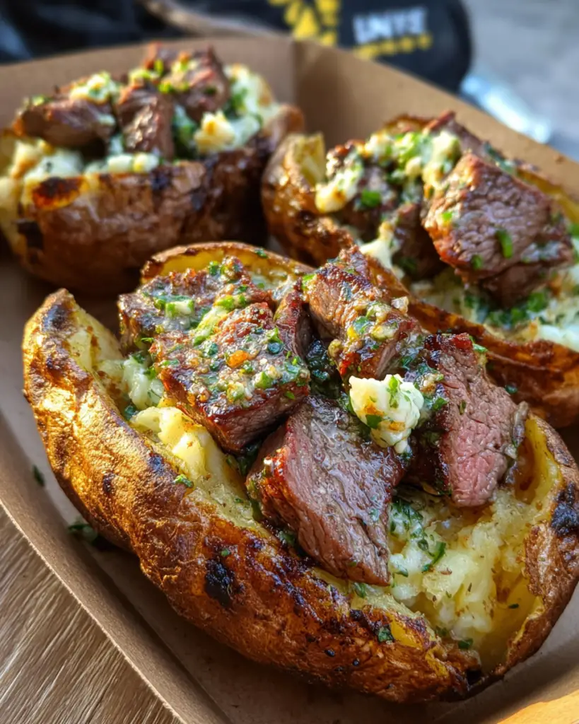 Grilled Steak Bite Loaded Baked Potatoes with Garlic Herb Butter