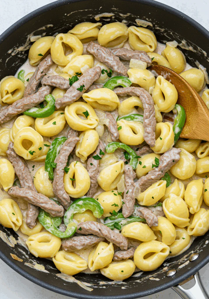 Philly Cheesesteak Tortellini with Creamy Provolone Sauce