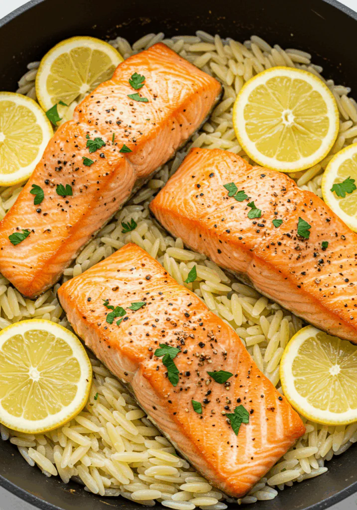 One Skillet Salmon with Lemon Orzo