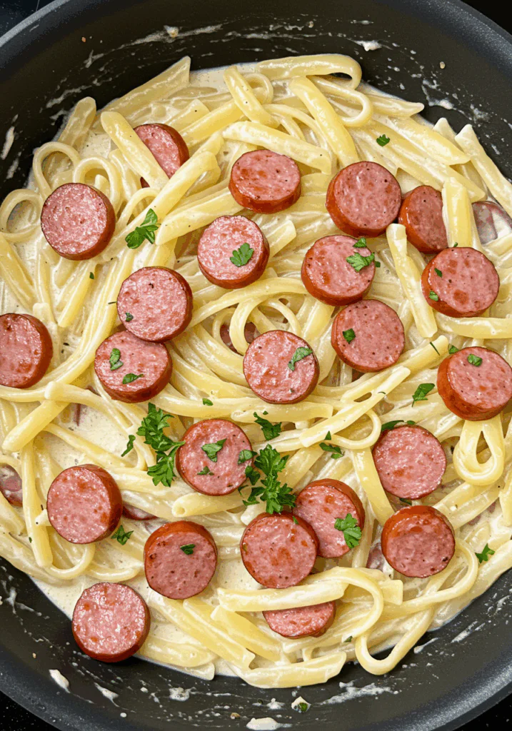 Creamy Garlic Parmesan Fettuccine with Beef Sausages
