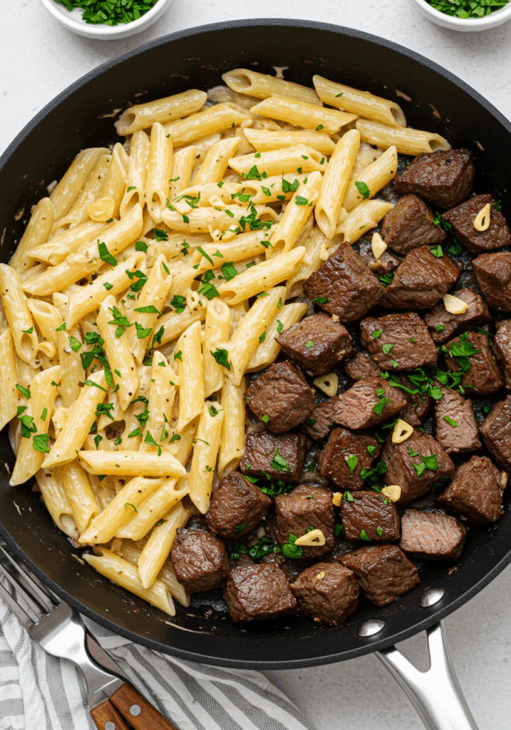 Garlic Butter Steak Tips with Cheesy Rigatoni