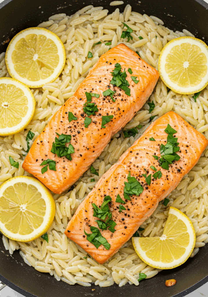One Skillet Salmon with Lemon Orzo
