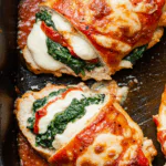 Roasted Red Pepper Spinach and Mozzarella Stuffed Chicken