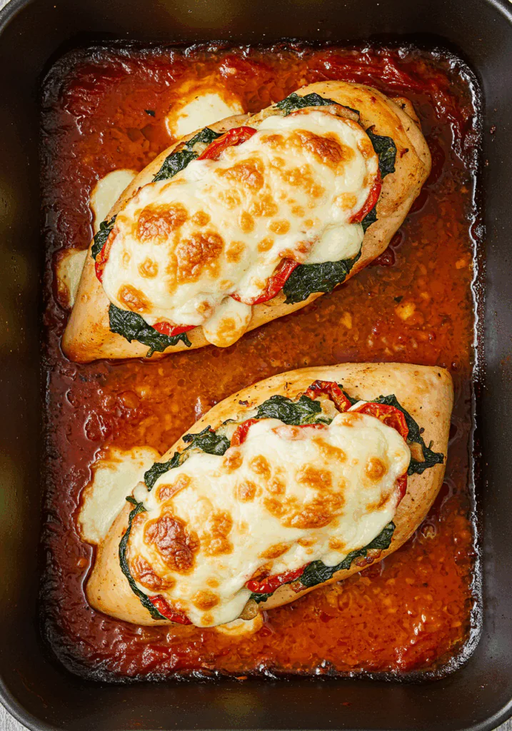 Roasted Red Pepper Spinach and Mozzarella Stuffed Chicken