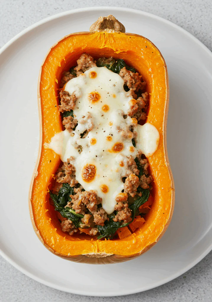 Turkey Sausage-Stuffed Butternut Squash with Spinach
