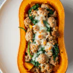 Turkey Sausage-Stuffed Butternut Squash with Spinach