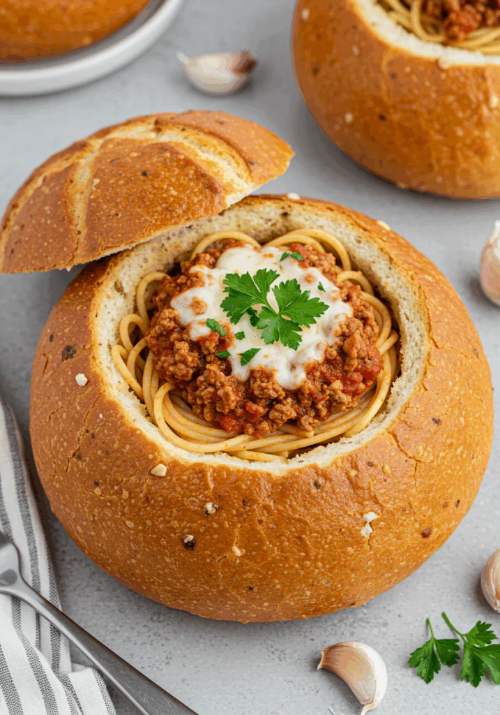 Spaghetti Garlic Bread Bowls