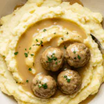 One Pot Mashed Potatoes with Meatballs & Gravy