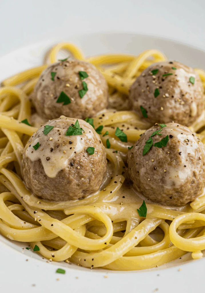 Garlic Butter Meatballs over Creamy Parmesan Linguine