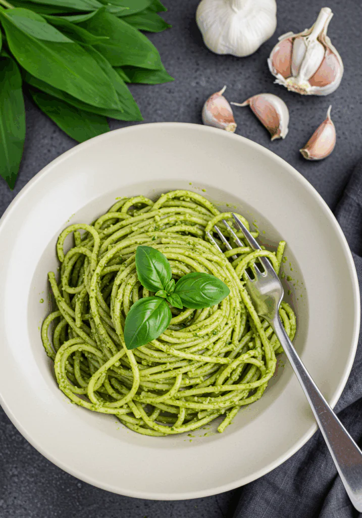 Vegan wild garlic pesto pasta