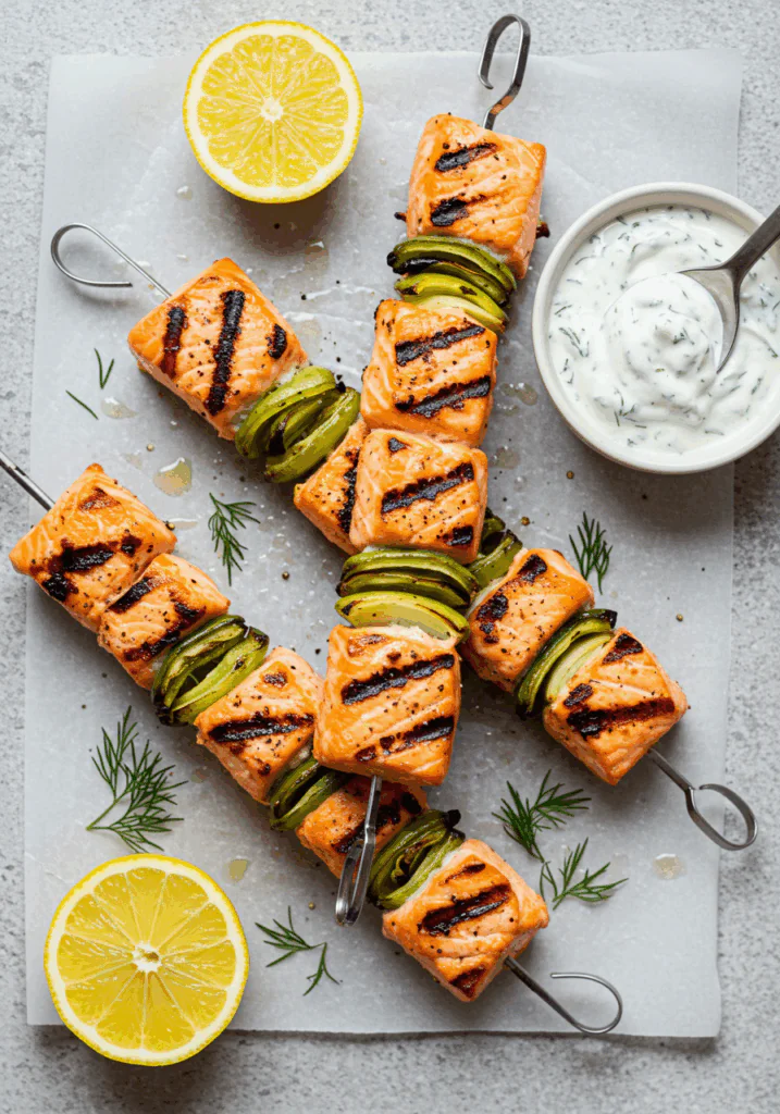 Grilled Salmon Skewers with Creamy Dill Yogurt Sauce