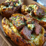 Grilled Steak Bite Loaded Baked Potatoes with Garlic Herb Butter